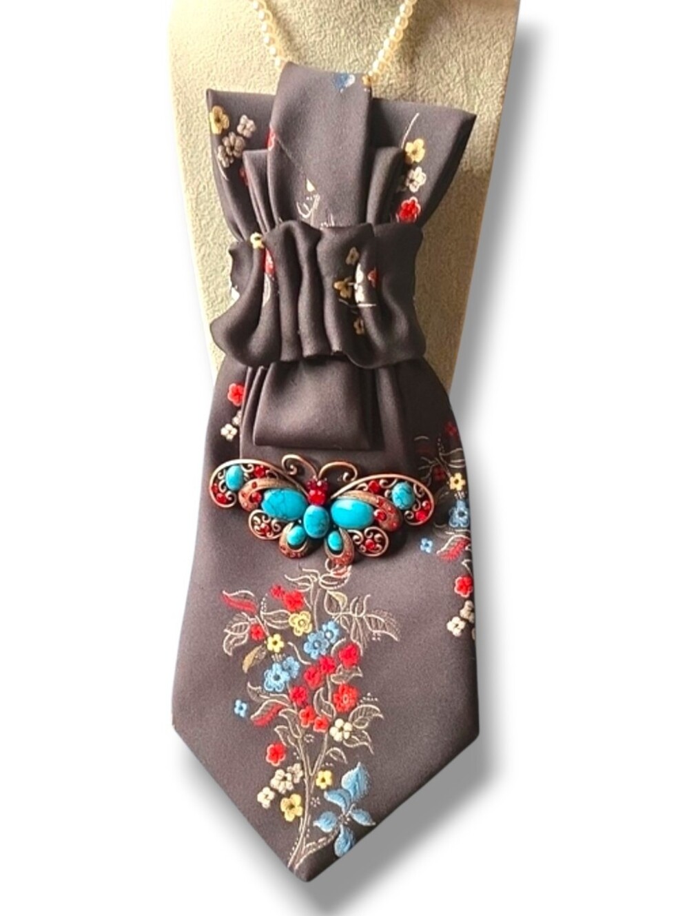 3/$60 Floral Embroidered Taupe Silk Cravat with Turquoise Butterfly Brooch